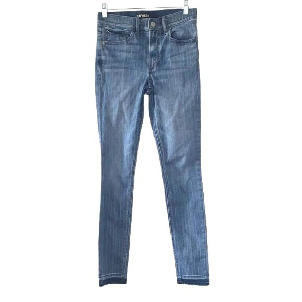 Express High Rise Legging Jeans Size 4 Medium Wash Distressed Hem Womens Denim